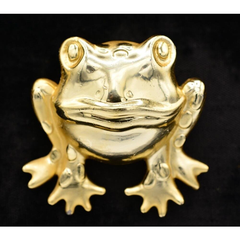 Danecraft Vintage Frog Pin Brooch Brushed Gold Heavy Chunky Signed 1980s Bin5A